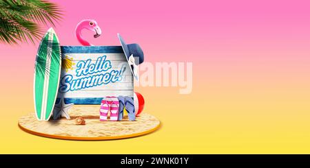 Vacances d'été à la bannière de la plage : ancien panneau en bois avec texte Hello Summer et accessoires de plage, espace de copie Banque D'Images