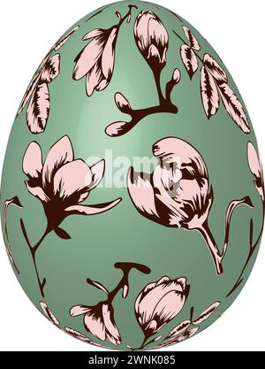 Oeuf 3D réaliste décoré avec dessin de motif de bourgeons de fleurs de printemps pour carte de voeux de Pâques Illustration de Vecteur