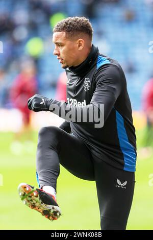 JAMES TAVERNIER, joueur de football professionnel, joue pour le Rangers FC. Image prise lors d'une séance d'entraînement et d'échauffement au stade Ibrox, Glasgow, Banque D'Images