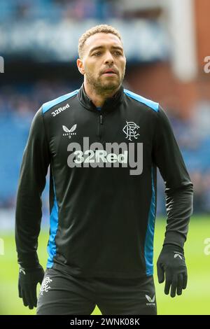 CYRIEL Dessers, footballeur professionnel, jouant pour le Rangers FC. Image prise lors d'une séance d'entraînement et d'échauffement au stade Ibrox, Glasgow, Banque D'Images