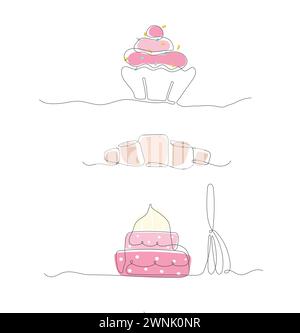 Enfilez des pâtisseries fraîches et des desserts. Illustrations vectorielles monoline dessinées à la main pour le menu, bannière de café. Illustration de Vecteur