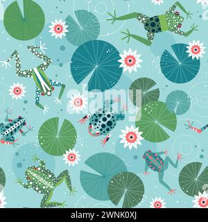 Motif grenouilles de natation avec crapauds sur Lily Pond Illustration de Vecteur