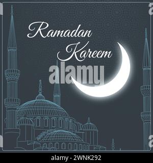 Vecteur de concept Ramadan Kareem. Mosquée Sultanahmet et croissant de lune avec motif islamique sur le fond. Illustration de Vecteur