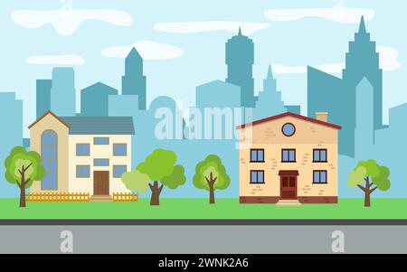 Ville vectorielle avec deux maisons de dessins animés de deux étages et des arbres verts dans la journée ensoleillée. Paysage urbain d'été. Vue sur la rue avec paysage urbain sur un fond Illustration de Vecteur