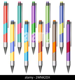 Ensemble de stylos multicolores sur un fond blanc Illustration de Vecteur