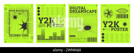Modèle de conception d'affiche dans le style tendance y2k avec la surface acide abstraite de grille sur fond vert néon acide. Vector rétro 2000s couverture esthétique bannières s Illustration de Vecteur