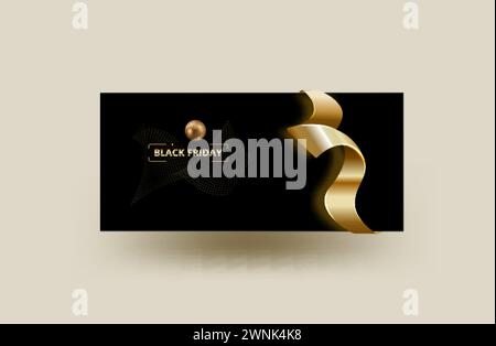 La bannière Black Friday est noire et dorée, avec un élément en ruban doré parfait pour la vente au détail Illustration de Vecteur