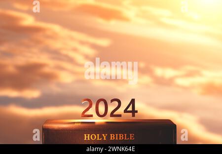 Nouvel an, soleil levant, lever et coucher de soleil fond, croix de Jésus Christ, Sainte Bible, foi en Dieu, conviction, miséricorde, calendrier de paix et d'église con Banque D'Images