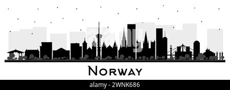 Silhouette d'horizon de la ville de Norvège avec des bâtiments noirs isolés sur blanc. Illustration vectorielle. Concept à l'architecture historique et moderne. Norvège ville Illustration de Vecteur