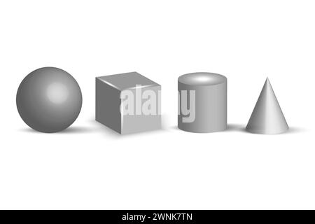 Formes géométriques 3D. Cylindre cube sphérique. Volume de géométrie conique. Illustration vectorielle. SPE 10. Illustration de Vecteur