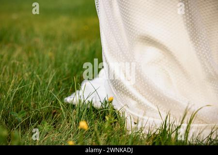 Détails du jour de mariage de la préparation et de la réception, robe blanche avec des détails de fleurs mignonnes et décoration eucaliptus. Banque D'Images