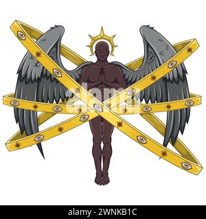 Conception vectorielle de l'ange priant avec des cerceaux, trône angélique de la religion catholique, archange avec halo Illustration de Vecteur