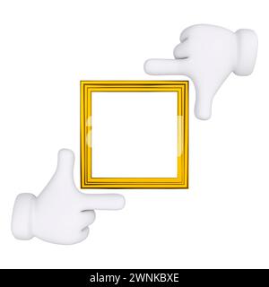 Cadre doré avec mains de bande dessinée isolées. Maquette de geste de mise au point. rendu 3d. Banque D'Images
