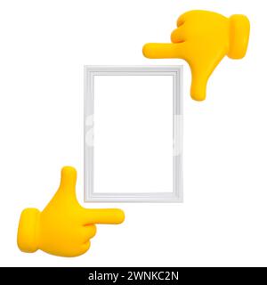 Cadre blanc avec mains de bande dessinée isolées. Maquette de geste de mise au point. rendu 3d. Banque D'Images