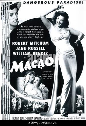 1952 Macao affiche de film - noir / crime drama avec Robert Mitchum, Jane Russell, réalisé par Josef von Sternberg Banque D'Images