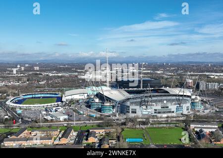 Vue aérienne de l'Etihad Stadium avant le match de premier League Manchester City vs Manchester United à l'Etihad Stadium, Manchester, Royaume-Uni, le 3 mars 2024 (photo Mark Cosgrove/News images) Banque D'Images
