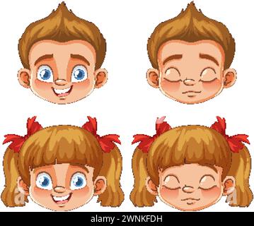 Quatre visages montrant différentes expressions de dessins animés Illustration de Vecteur
