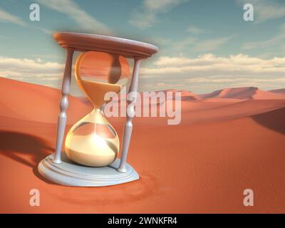 Sablier dans un désert de sable. Illustration numérique. Banque D'Images