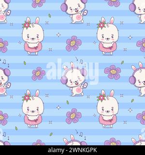 Modèle sans couture avec ballerine de fille de lapin et lapin heureux dans des écouteurs sur fond bleu rayé avec des fleurs. Personnage animal mignon kawaii. Vecto Illustration de Vecteur