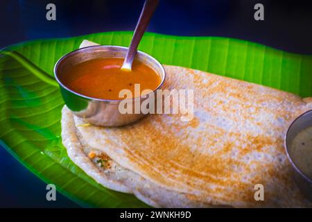 Masala Dosa, Dosa, Snack de l'Inde du Sud.. Le Masala dosa est un repas sud-indien servi avec du sambhar et du chutney à la noix de coco. Mise au point sélective Banque D'Images