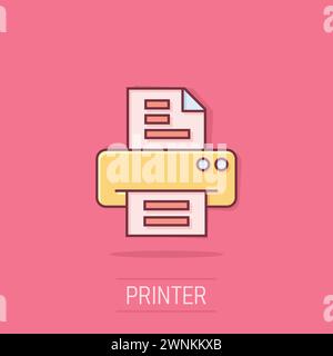 Icône d'imprimante de bureau dans un style comique. Illustration vectorielle de dessin animé de fax sur fond isolé. Concept commercial d'effet de splash d'impression de texte. Illustration de Vecteur