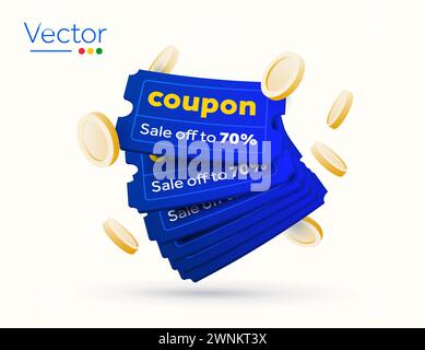 3d pile de coupons en bleu avec promotion de code, isolé sur fond blanc. Offres spéciales Premium, coupon de réduction. Bon cadeau vectoriel, pièce d'or. coupons rendus 3d. Illustration vectorielle. Illustration vectorielle Illustration de Vecteur