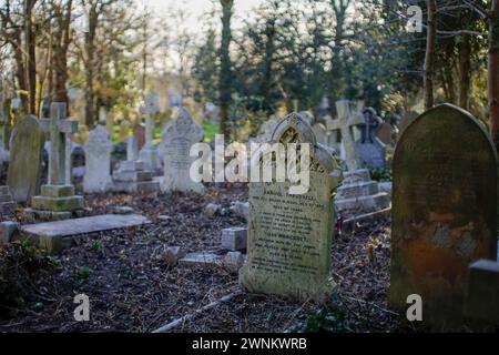 Des pierres tombales altérées se dressent solennellement parmi les arbres sans feuilles et un tapis de feuilles tombées à l'église Sainte-Marie la Vierge, Wanstead, Royaume-Uni. Banque D'Images