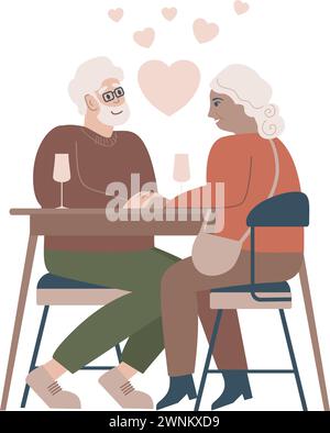 Couple de personnes âgées romantique assis à une table de café. Souriant homme mûr et femme buvant du vin ensemble. Conversation en famille passant du temps à la cafétéria. Valen Illustration de Vecteur