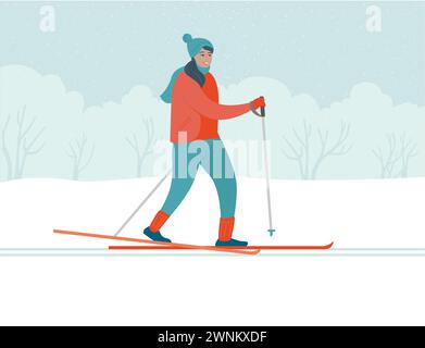 femme en vêtements d'extérieur ski dans la forêt ou le parc public. La jeune fille fait du ski de fond dans les bois. Activités sportives d'hiver. Illustration vectorielle plate Illustration de Vecteur