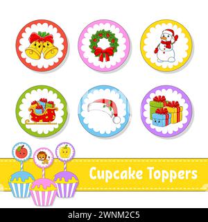 Garnitures pour cupcakes. Ensemble de six photos rondes. personnages de dessins animés. Image mignonne. Pour l'anniversaire, baby shower. Isolé sur fond blanc. Illustration vectorielle Illustration de Vecteur