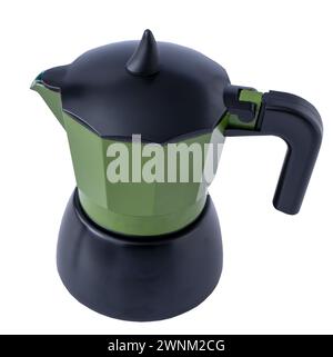 Cafetière Geyser isolée sur fond blanc. Pot de moka italien. Banque D'Images