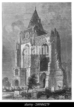 La façade ouest de l'abbaye de Crowland du XIXe siècle ; illustration en noir et blanc de 'notre propre pays' un guide descriptif, historique et pictural du Royaume-Uni publié à la fin des années 1880 par Cassell, Petter, Galpin & Co. Photos historiques de Briatin. Banque D'Images