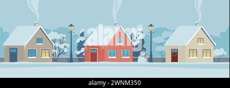 Rue urbaine ou suburbaine en hiver. Maisons colorées et confortables couvertes de neige. Paysage de village de banlieue avec des bâtiments de chalet, lampadaires. Vecteur plat Illustration de Vecteur