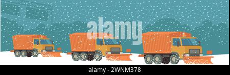 camions de chasse-neige nettoyant les routes enneigées de la ville. concept de déneigement des rues d'hiver. Illustration vectorielle plate Illustration de Vecteur