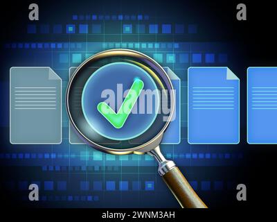 Loupe numérisant certains documents numériques. Illustration numérique, rendu 3D. Banque D'Images
