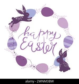 Couronne festive de Pâques de divers œufs et branches violettes. Décoré avec des lapins dessinés à la main. Écriture manuscrite de calligraphie. Illustration vectorielle Illustration de Vecteur