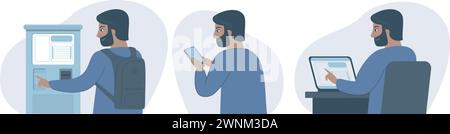 Homme utilisant un terminal de paiement, téléphone portable et ordinateur portable. Concept de libre-service. Illustration vectorielle plate Illustration de Vecteur