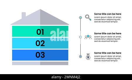 Modèle d'infographie avec icônes et 3 options ou étapes. Maison. Peut être utilisé pour la mise en page de flux de travail, diagramme, bannière, webdesign. Illustration vectorielle Illustration de Vecteur