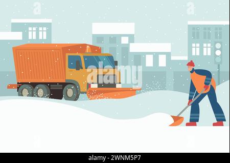 Camion chasse-neige nettoyant la route enneigée urbaine en hiver. Homme nettoyant la rue de la ville avec une pelle. Concept de déneigement. Illustration vectorielle plate Illustration de Vecteur