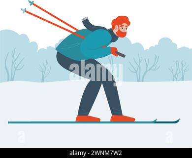 Homme en vêtements d'extérieur ski dans la forêt ou parc public. Jeune homme va faire du ski de fond dans les bois. Activités sportives d'hiver. Illustration vectorielle plate Illustration de Vecteur