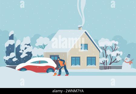 Femme nettoyant la neige avec une pelle autour de sa maison de campagne. Travail hivernal au chantier ou sur la route. Scène hivernale par temps neigeux. Illustration vectorielle plate Illustration de Vecteur