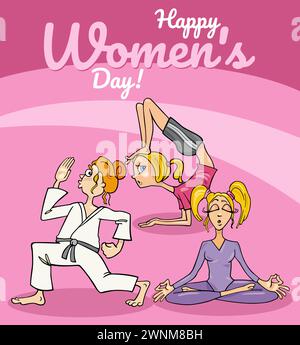 Carte de voeux ou conception de bannière pour la Journée des femmes avec des personnages drôles de femme de dessin animé Illustration de Vecteur