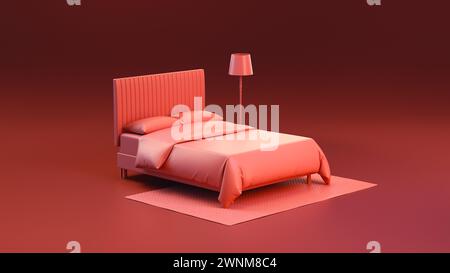 Chambre intérieure miniature avec lit, lampe et tapis sur fond rouge. Concept minimaliste moderne. Illustration de rendu 3D. Banque D'Images