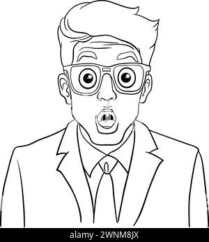 Illustration de bande dessinée du personnage surpris de jeune homme d'affaires en costume et lunettes coloriage Illustration de Vecteur