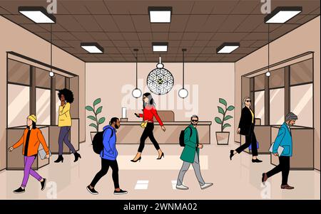 Les gens d'affaires marchant dans le hall de bureau moderne. Illustration de Vecteur
