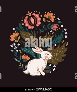 Lapin de Pâques. Fleurs slaves et herbes sauvages. Illustration folklorique vintage. Bannière vectorielle. Illustration vintage pour la publicité, site Web, affiche, flyer Illustration de Vecteur