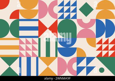 Motif abstrait coloré de diverses formes de cercles, carrés, triangles et demi-cercles sur fond beige. Illustration de Vecteur