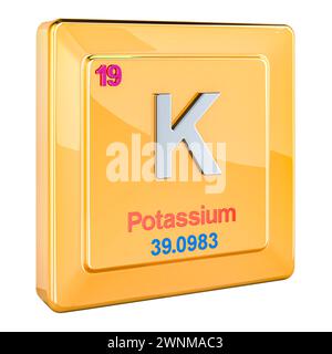 Potassium, fer K élément chimique signe avec le numéro 19 dans le tableau périodique. Rendu 3D isolé sur fond blanc Banque D'Images