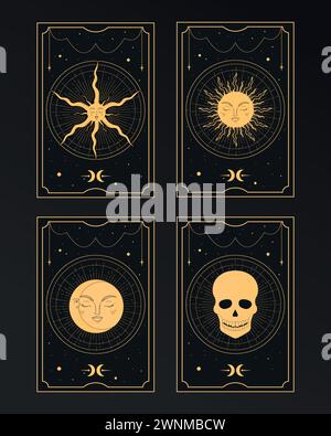 Ensemble de cartes de Tarot d'or avec des symboles magiques Soleil, Lune, étoile et mort. Mystère, astrologie, ésotérique. Illustration vectorielle Illustration de Vecteur