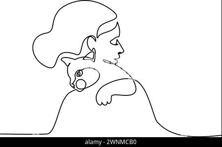 Femme avec chat sur l'épaule. Dessin continu sur une ligne Illustration de Vecteur